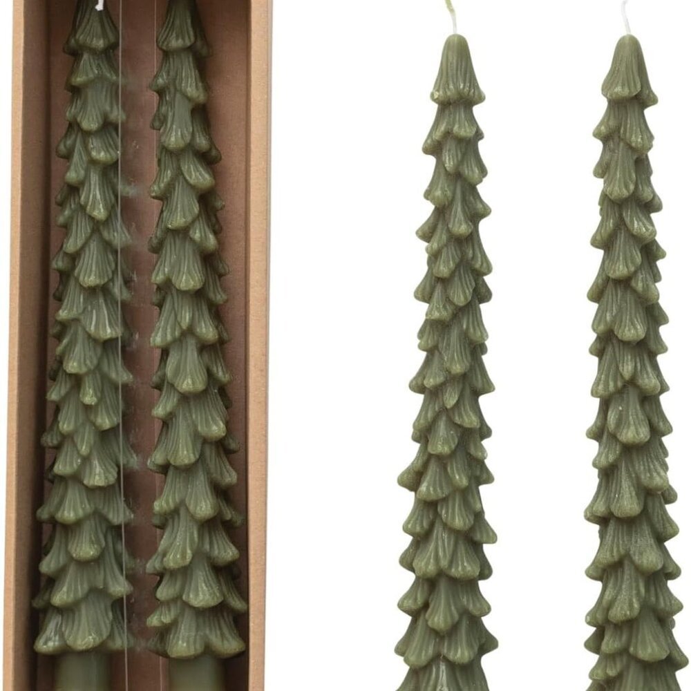 Unscented Tree Shaped Taper Candles, Evergreen, Boxed Set Of 2 - Picture 1 of 3
